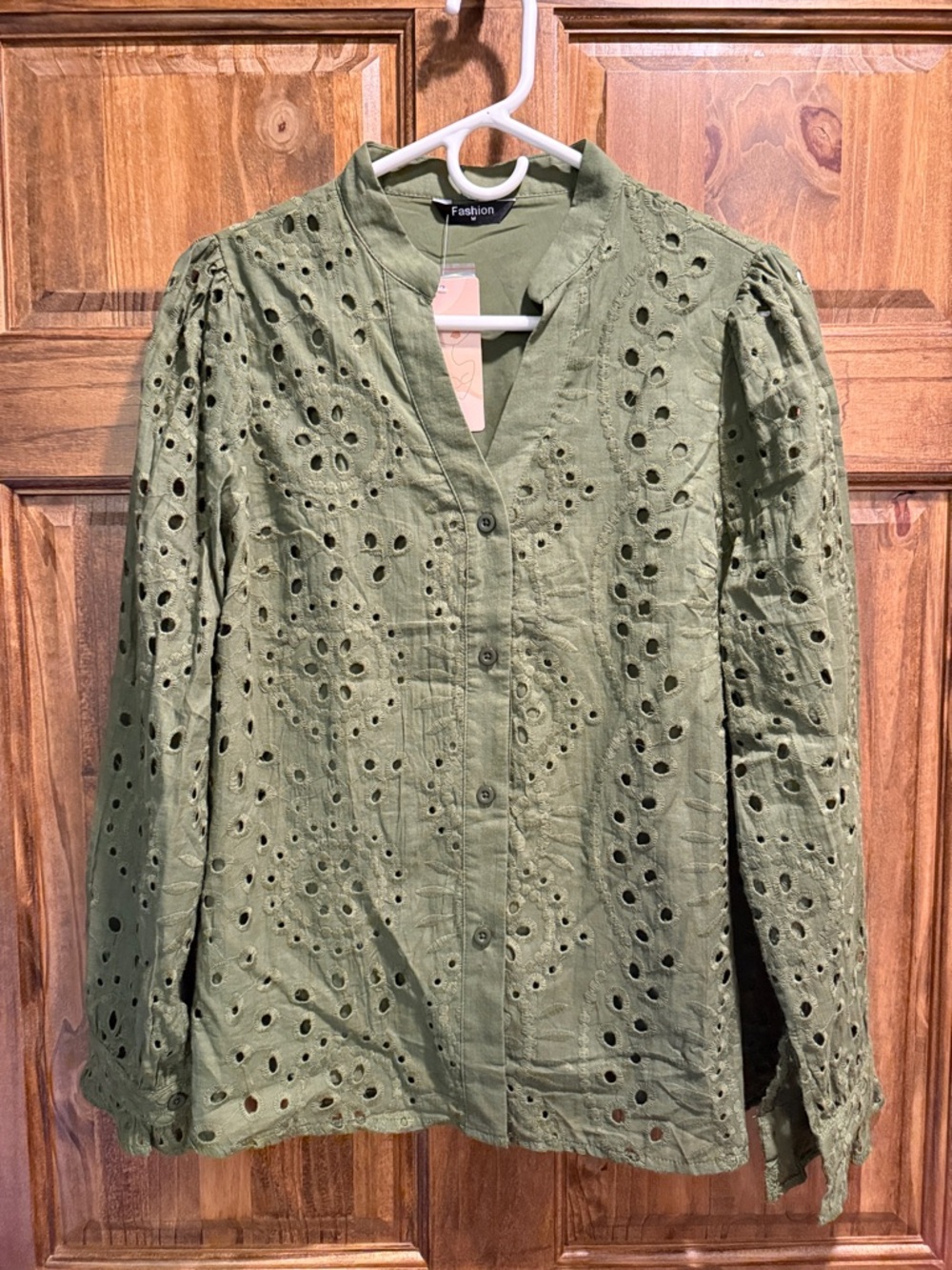Olive Eyelet Button-Front Women's Top